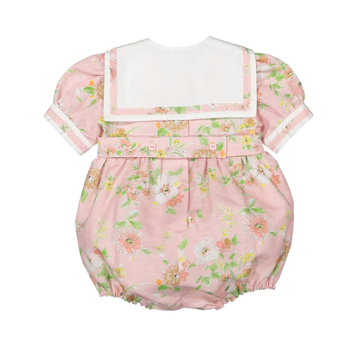 Back view of Linen Floral Sailor Romper with pink floral print