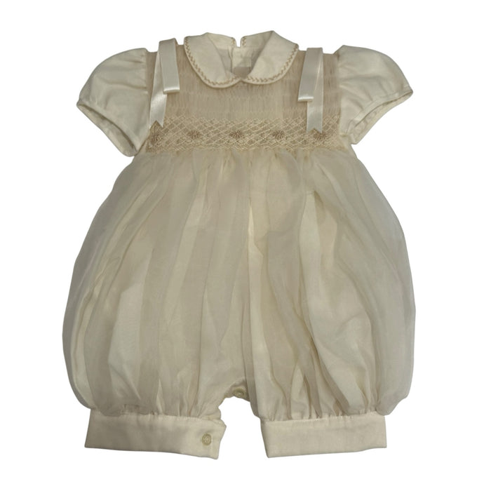 Lionel Ivory Boy Handsmocked Romper with rounded collar and intricate tonal handsmocking