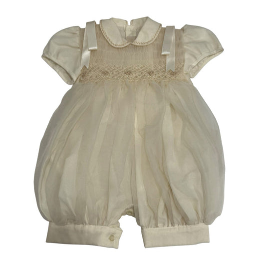 Lionel Ivory Boy Handsmocked Romper with rounded collar and intricate tonal handsmocking