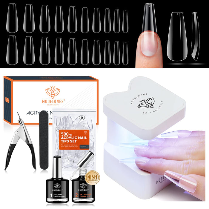 500-piece Coffin-Shaped Half Matte Finished Nail Art Tools Kit Nail Tip MODELONES # Coffin Clear Full Cover Nail Tips Kit