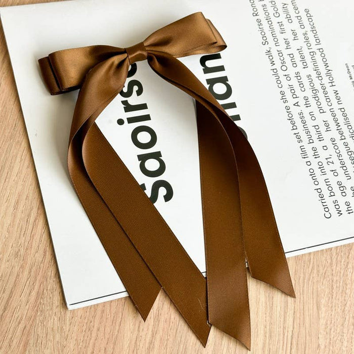 Long Double Bow Satin Hair Clip - Brown