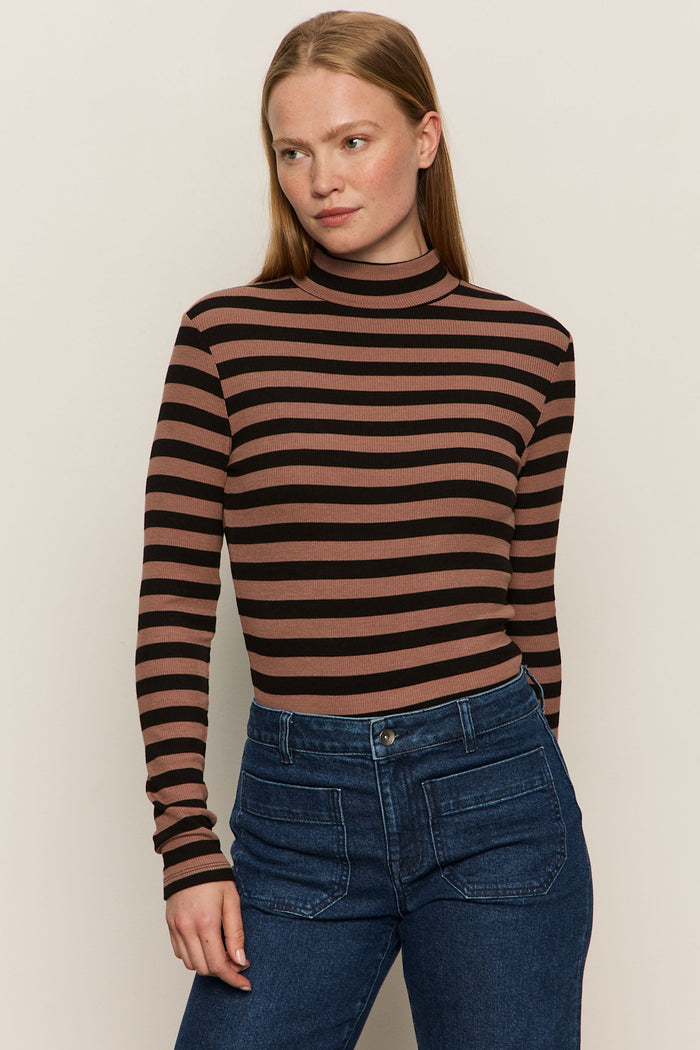 Long Sleeve Mock Essential - Mocha/Black Stripe