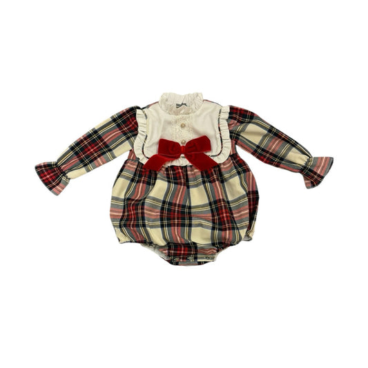 Lorenza Tartan Velvet Long Sleeves Bow Romper