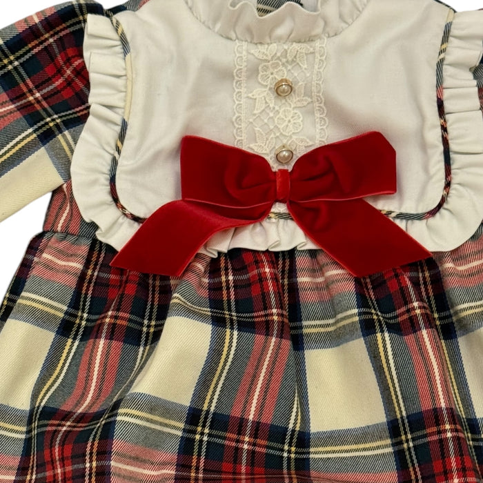 Lorenza Tartan Velvet Long Sleeves Bow Romper