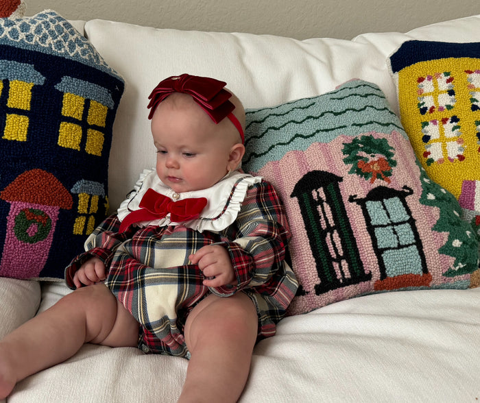 Lorenza Tartan Velvet Long Sleeves Bow Romper