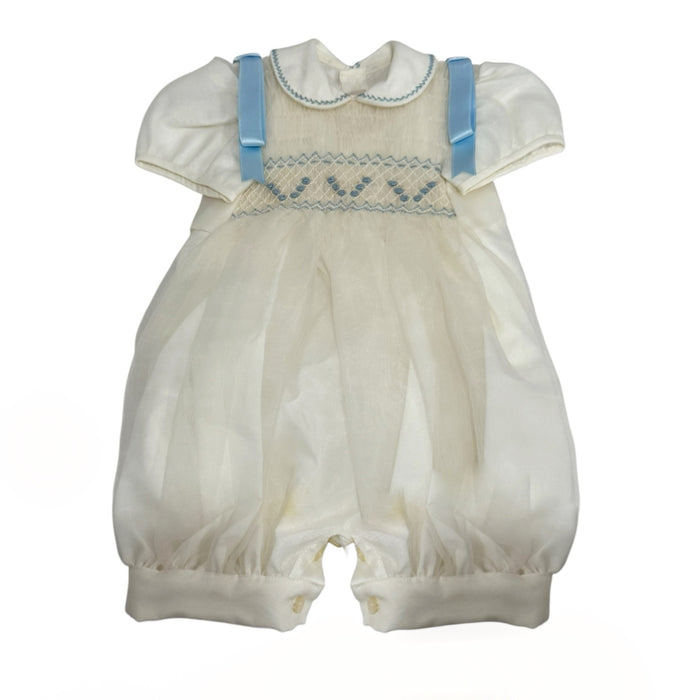 Luis Ivory Boy Handsmocked Romper with light blue detailing and rounded collar