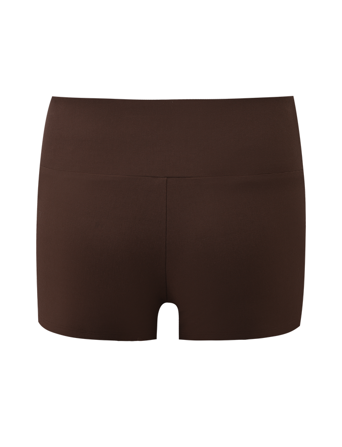 The TIGERMIST LUNARA SHORT - CHOCOLATE is a pair of high-waisted, fitted mini shorts with a wide waistband, shown from the back against a white background.