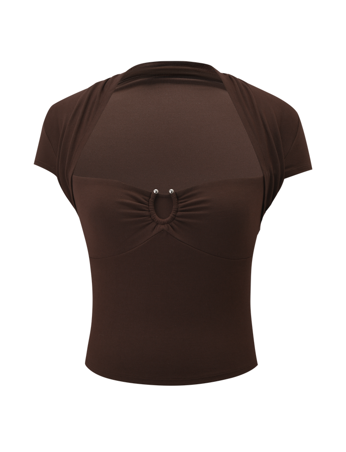 The LUNARA TOP - CHOCOLATE by TIGERMIST features short sleeves, a shawl neckline, mesh panels on the chest and shoulders, and a silver metal trim ring detail at the center front under the bust.