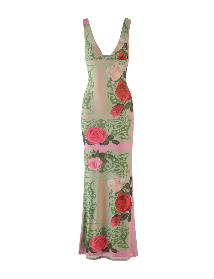 The Lunaria Dress from Tigermist is a sleeveless, floor-length attire with a deep V-neckline and a fitted silhouette. It features a green base color adorned with an ornate floral pattern of red and pink roses accompanied by leafy details.