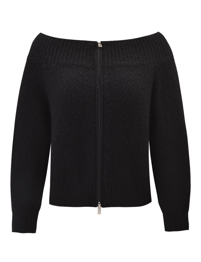 The TIGERMIST LUNETTE JUMPER - BLACK is a cozy, off-the-shoulder knit sweater with long sleeves, a vertical silver front zipper, and ribbed cuffs, hem, and neckline for comfort and style.