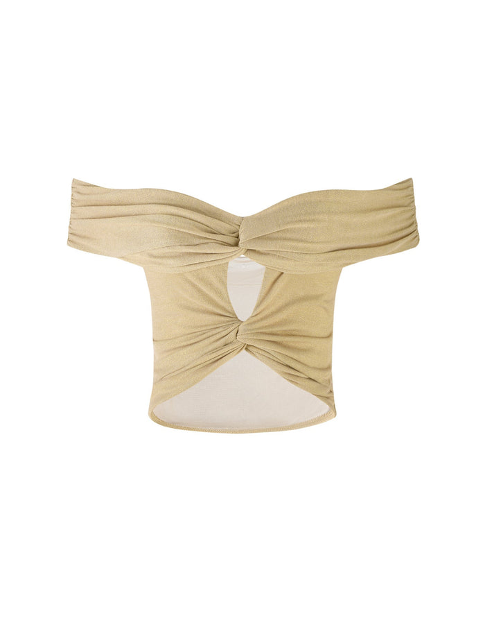 The LYNSEY TOP - GOLD from TIGERMIST is a beige, off-the-shoulder crop top featuring twisted front details at the bust and a central keyhole cutout. The fabric is slightly gathered, creating a textured appearance. This form-fitting and stylish top is versatile for various fashion looks.