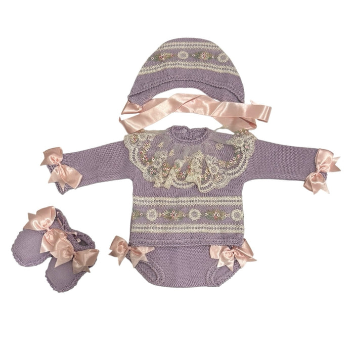 Aida Purple and Pink Floral 4-Piece Knitted Baby Set with bonnet and coordinating footwear