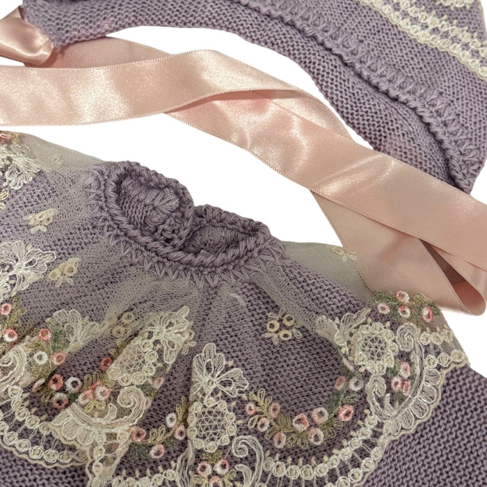 Close-up of pink satin ribbon and knitted detailing on Aida Purple 4-Piece Set