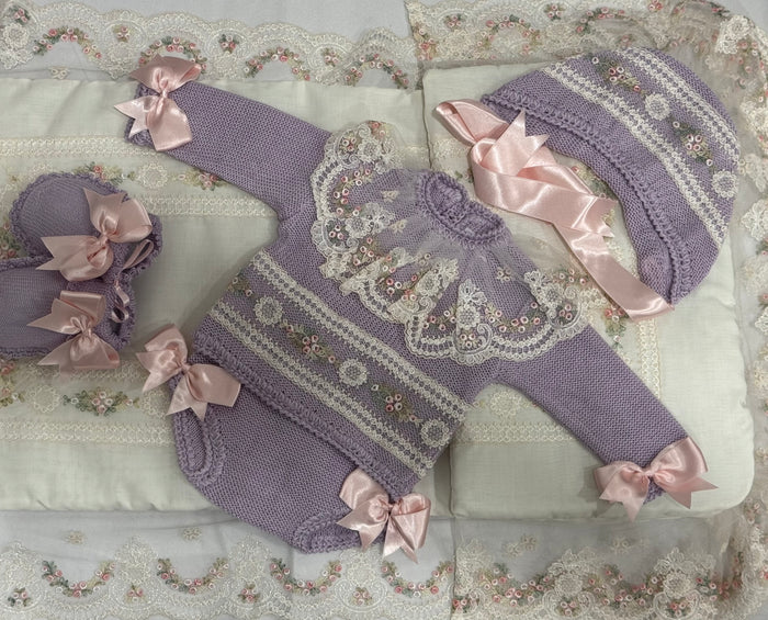 Aida Purple and Pink Floral knitted baby set with coordinating bonnet and footwear