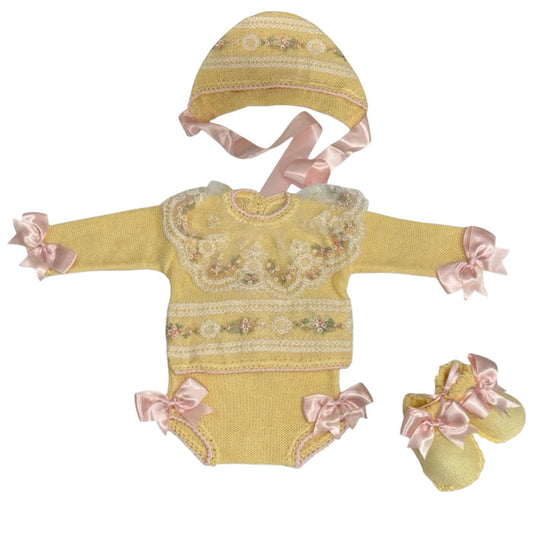 Aida Yellow and Pink Floral 4-Piece knitted baby set with bonnet and matching footwear