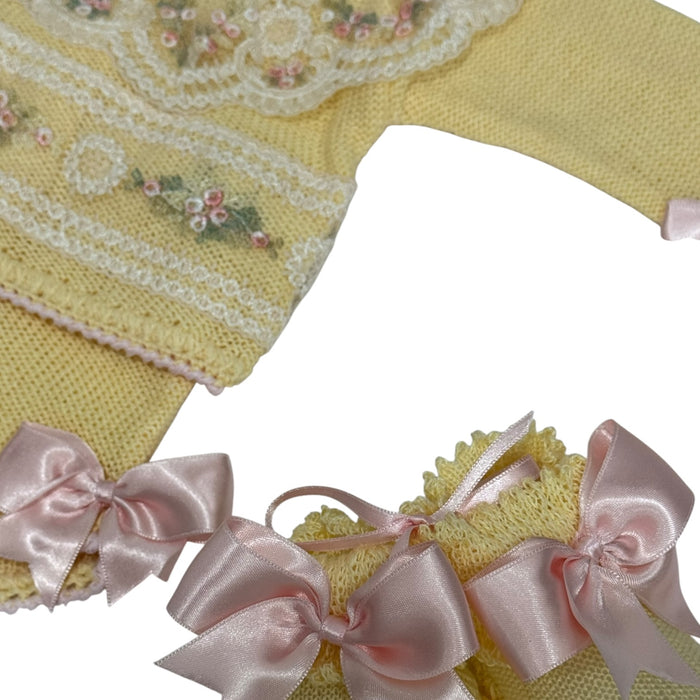 Close-up of pink ribbon bows and coordinating footwear from Aida Yellow 4-Piece Set