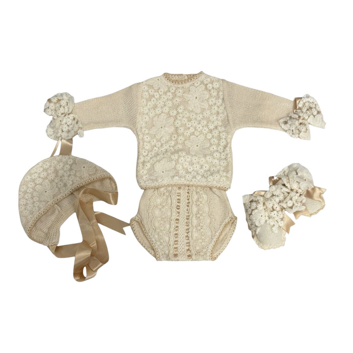 Judith II Beige and Camel knitted baby set with coordinating bonnet and booties