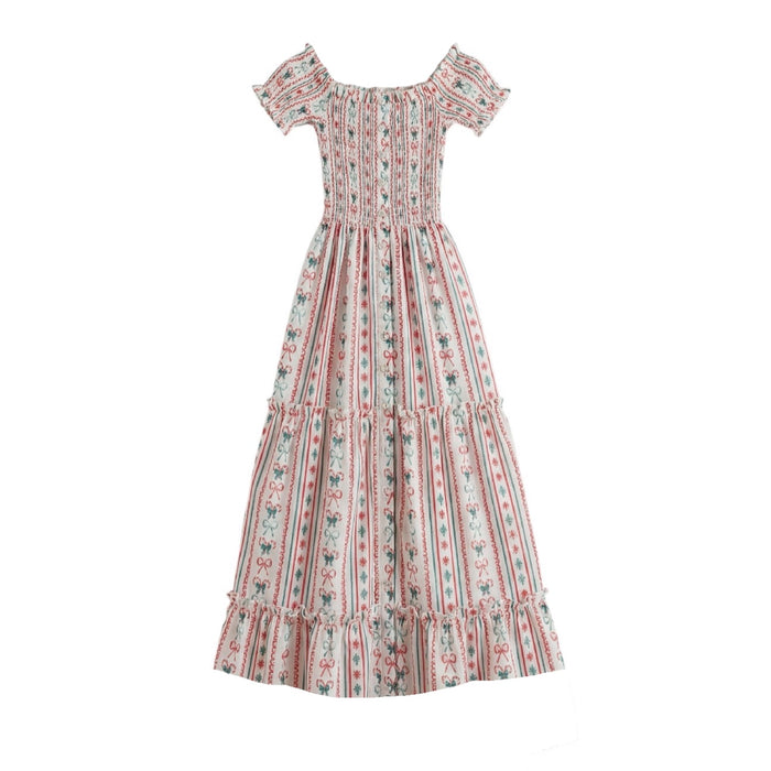 Piccoli & Co Christmas girl nap dress in red, blue and ivory holiday print (made to order)
