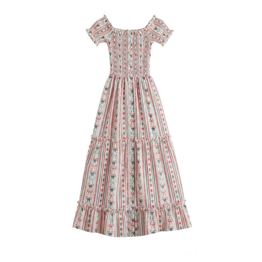 Piccoli & Co Christmas girl nap dress in red, blue and ivory holiday print (made to order)
