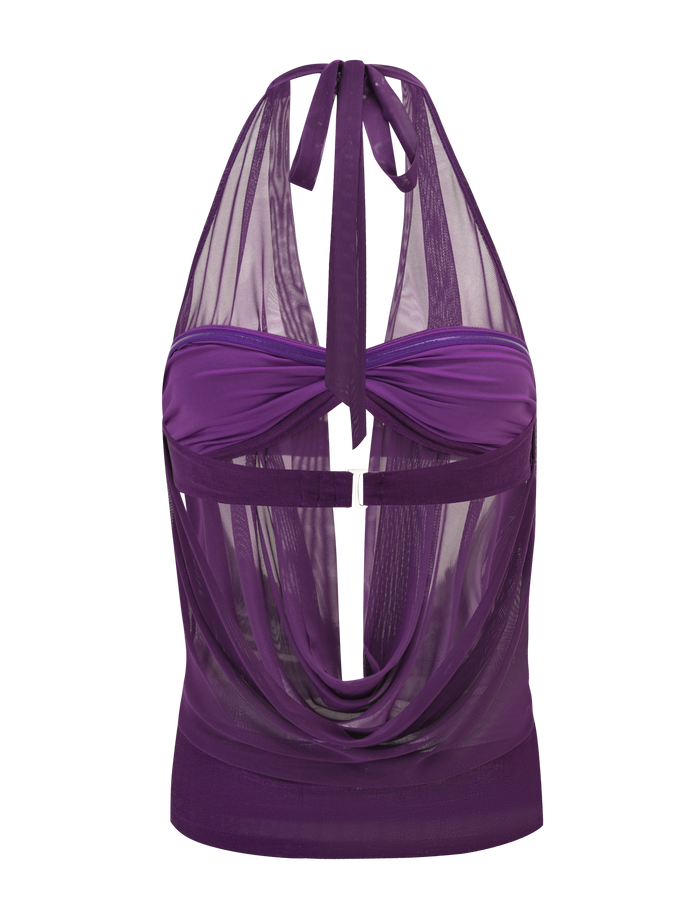 The MAKENA TWO-PIECE TOP - PURPLE by TIGERMIST features a cowl neck halter, sheer mesh fabric, open back with center clasp, and elegant draped and gathered details for a unique look.
