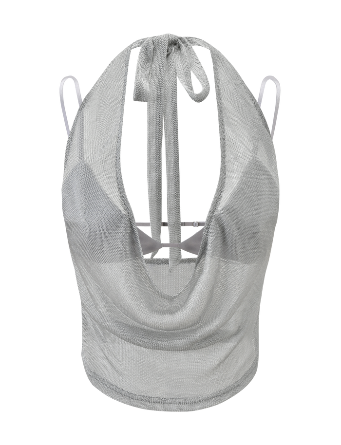 The TIGERMIST MAKENA TWO-PIECE TOP 2.0 - SILVER is a metallic halter style with mesh cowl neck, tie-back, thin straps, and semi-sheer shimmering fabric.