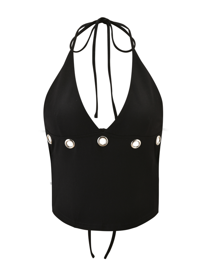 The MARREN TOP - BLACK by TIGERMIST features a halter neck, deep V-neckline, silver grommet detailing on the front, and tie closures at the neck and lower back for a chic, backless style.