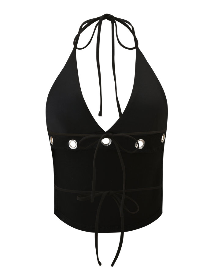 The MARREN TOP - BLACK by TIGERMIST features a black halter neck, deep V-neckline, grommet eyelet accents, front lace-up ties, and a fitted, backless silhouette for a bold edge.