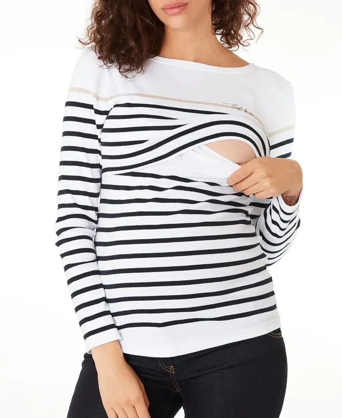 Maternity and nursing Crozon sailor shirt white navy - Top