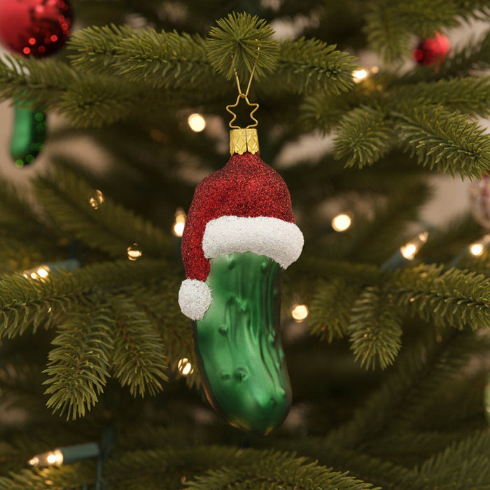 merry santa hat glass pickle ornament