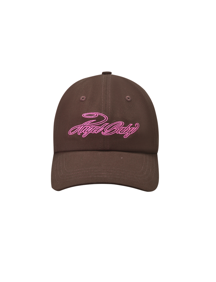 The TIGERMIST MERRYN CAP - CHOCOLATE is a brown 5-panel hat featuring pink "Royal Duty" embroidery on the front, shown against a plain white background.