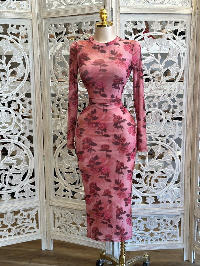 Mesh Long Sleeve Midi Floral Dress - Estira, Stretchy