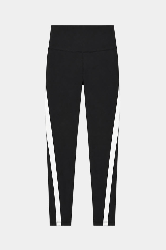 The SPLITS59 Miles High Waist Rigor 7/8 leggings in Black/White feature a form-fitting design with white diagonal stripes and supportive Rigor fabric, ideal for gym workouts. Shown against a plain light background.