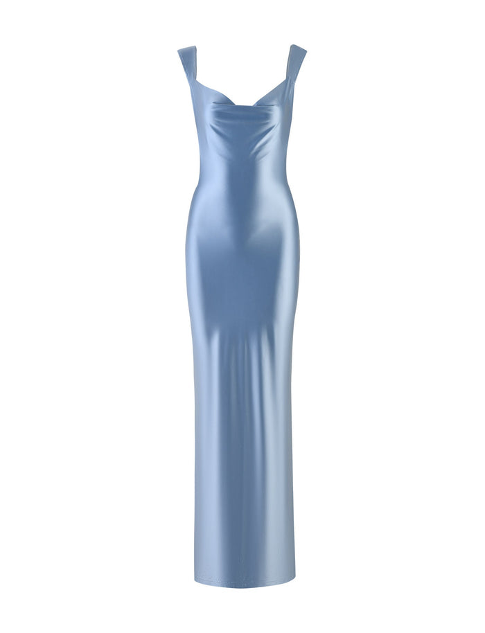 Introducing the MORANA SHIMMER DRESS in Pale Blue from TIGERMIST—a long, elegant, and sleeveless satin dress featuring a cowl neckline and a form-fitting silhouette. The wide shoulder straps extend smoothly down to the hem, creating a sleek and sophisticated appearance.