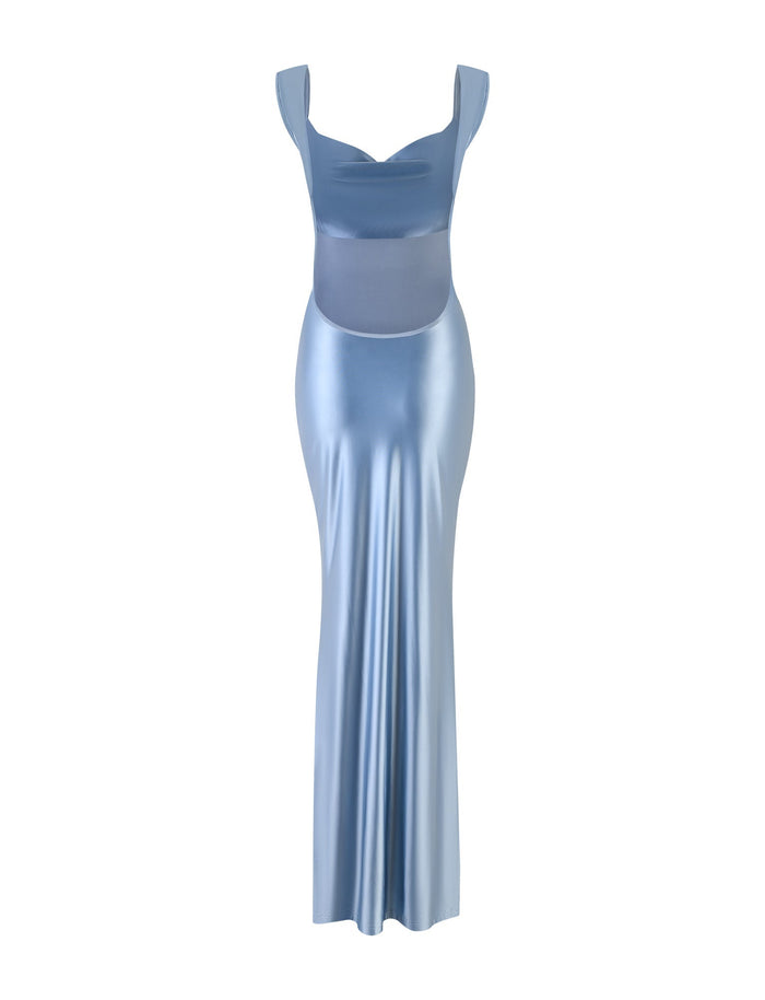 Presenting the MORANA SHIMMER DRESS in Pale Blue by TIGERMIST: a stunning sleeveless, floor-length metallic light blue dress featuring a cowl neckline and a form-fitting bodice. This dress boasts a sleek, shiny finish with a smooth, flowing skirt that elegantly extends to the ground.