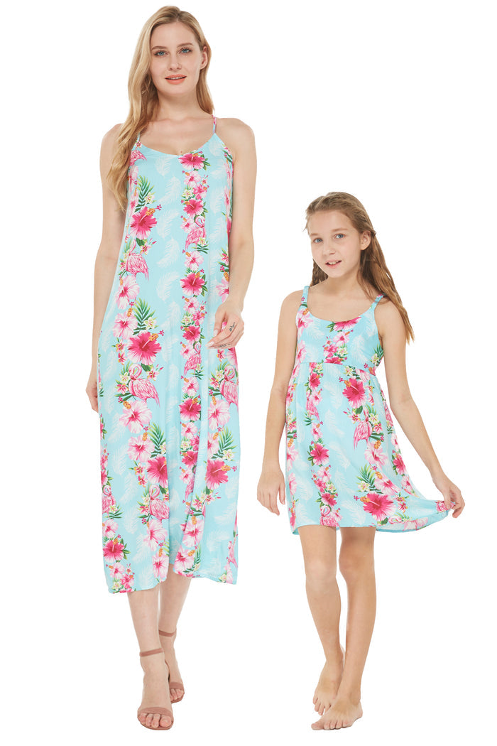 Mother Daughter Eleele set in Pink Turquoise Hibiscus Vine