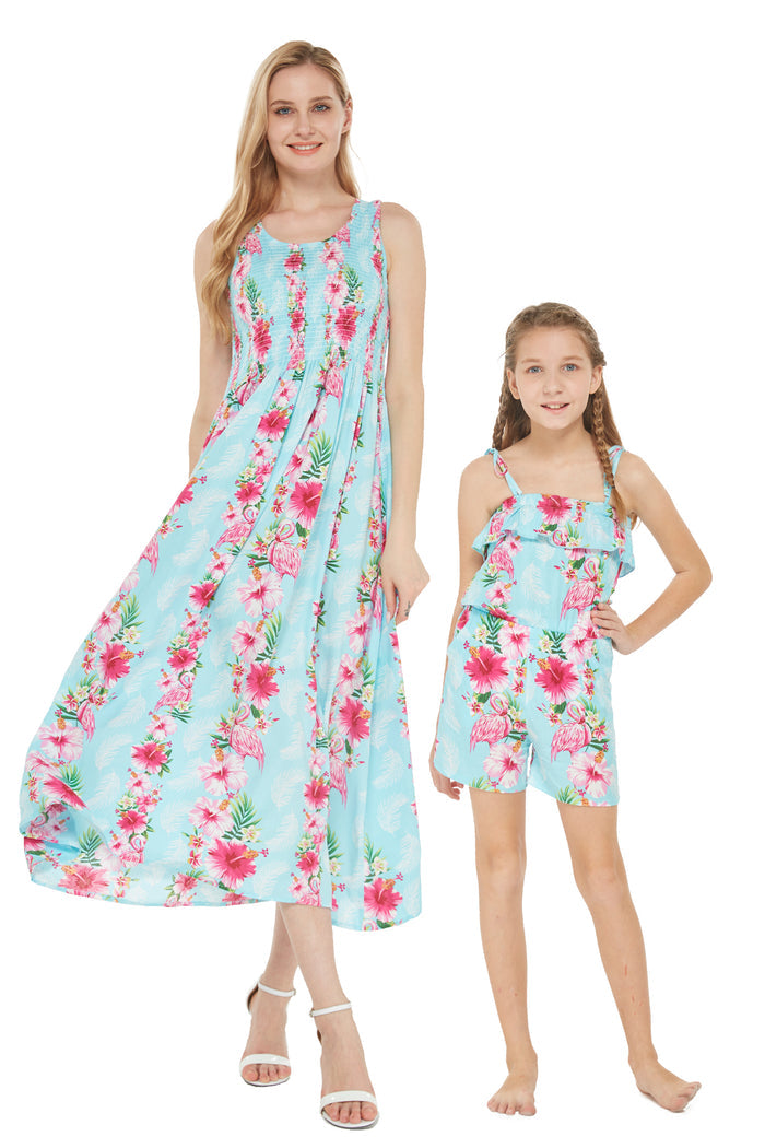 Mother Daughter Laki Set in Pink Turquoise Hibiscus Vine
