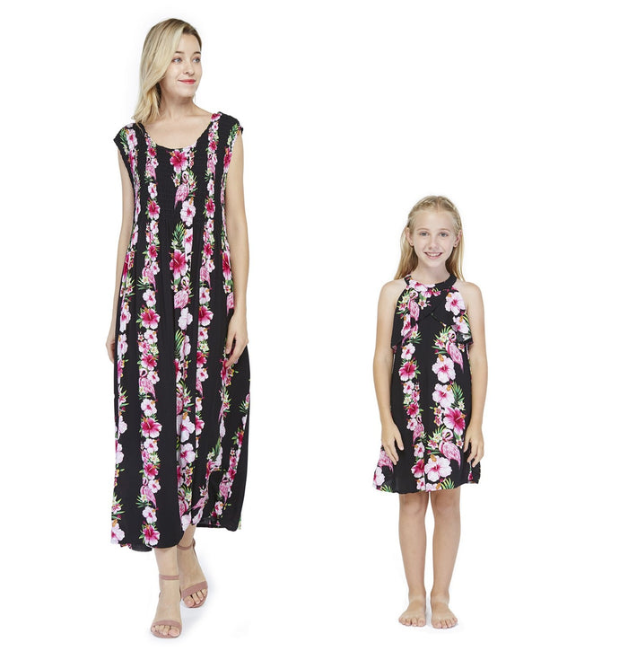Mother Daughter Mauka Set in Pink Black Hibiscus Vine