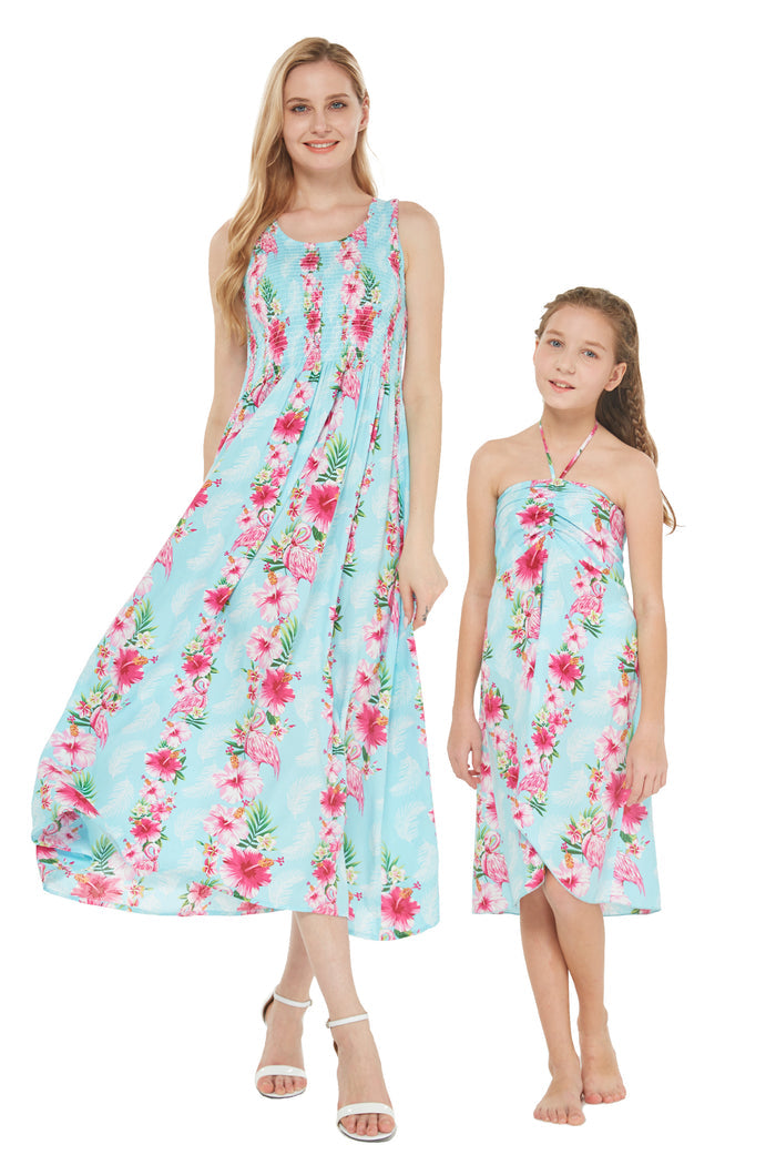 Mother Daughter Mokolii Set in Pink Turquoise Hibiscus Vine