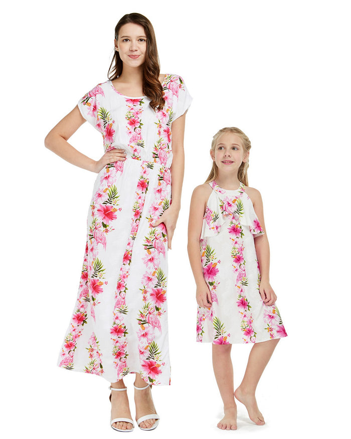 Mother Daughter Moku Mani Set in Pink Hibiscus Vine White