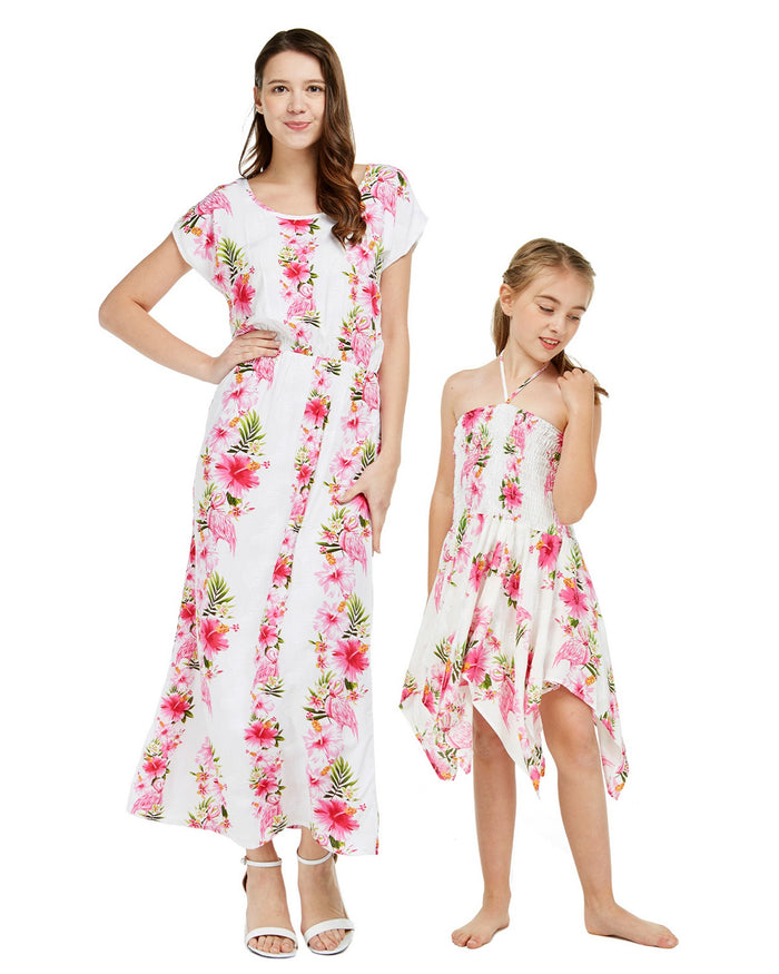 Mother Daughter Nalu Set in Pink Hibiscus Vine White