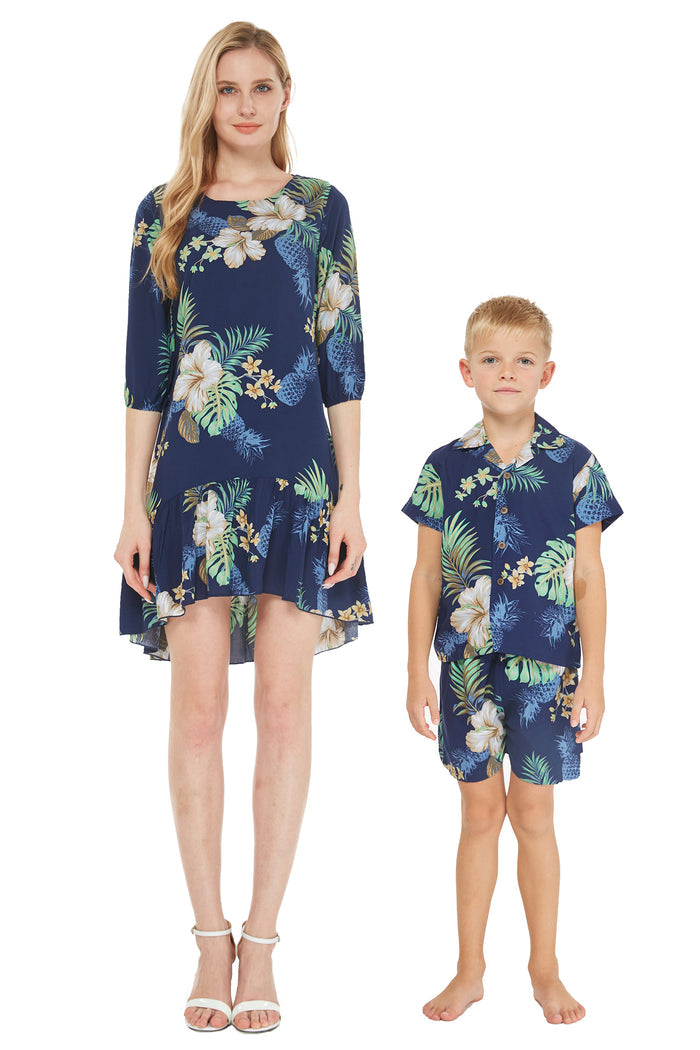 Mother Son Menehune Set in Pineapple Garden Navy
