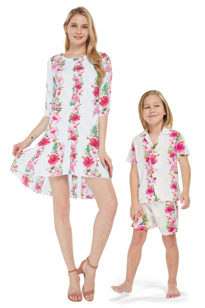 Mother Son Menehune Set in Pink Hibiscus Vine White