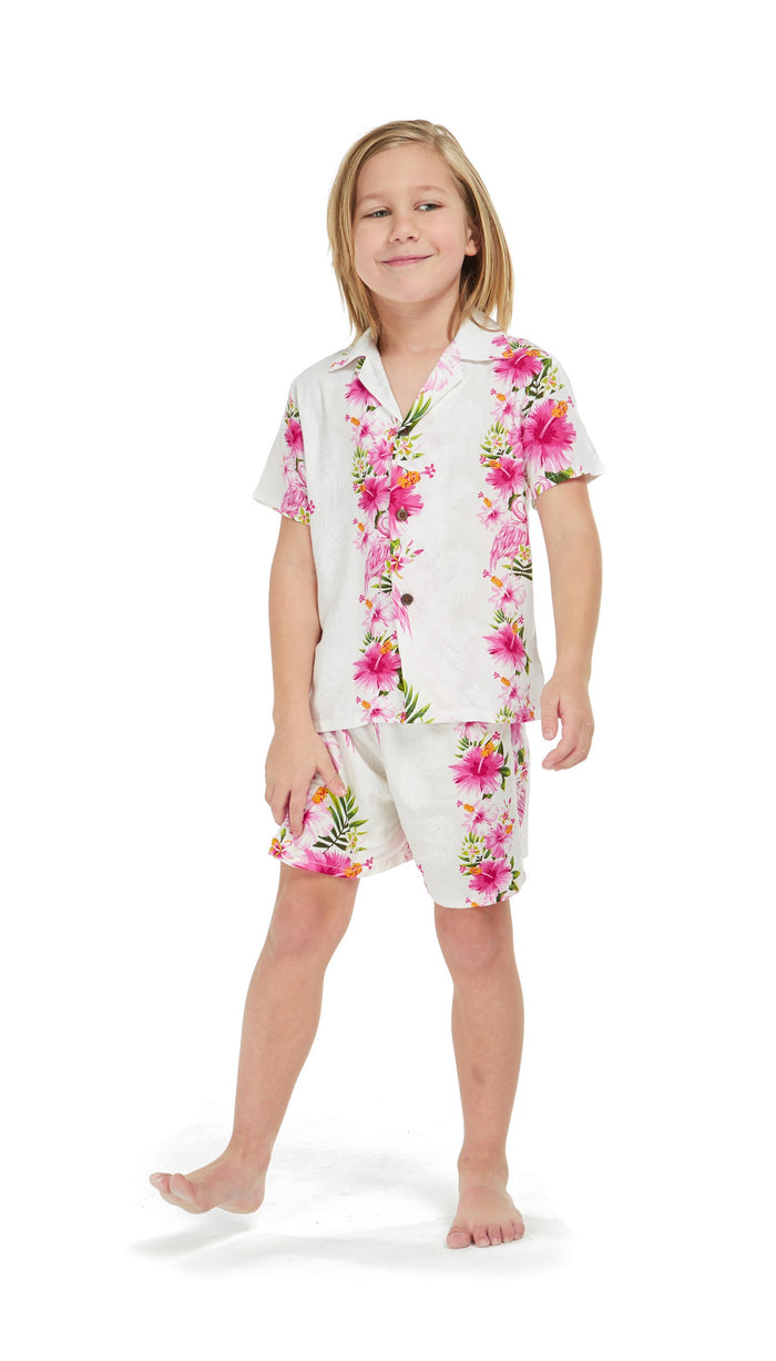 Mother Son Menehune Set in Pink Hibiscus Vine White