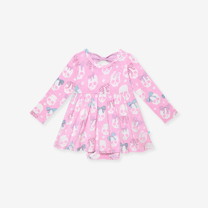 Flat lay of the Posh Peanut Ms. Kelly Bow Back Bodysuit Dress, front view, white background