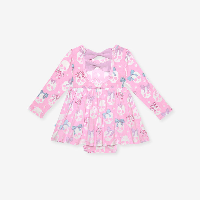 Flat lay of the Posh Peanut Ms. Kelly Bow Back Bodysuit Dress, back view, white background