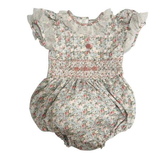 Nancy Vintage Shabby Chic Roses Handsmocked Romper in soft rose floral print
