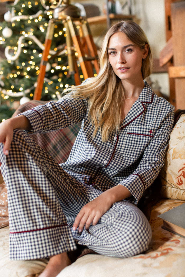 Navy Gingham Flannel Pajama Set