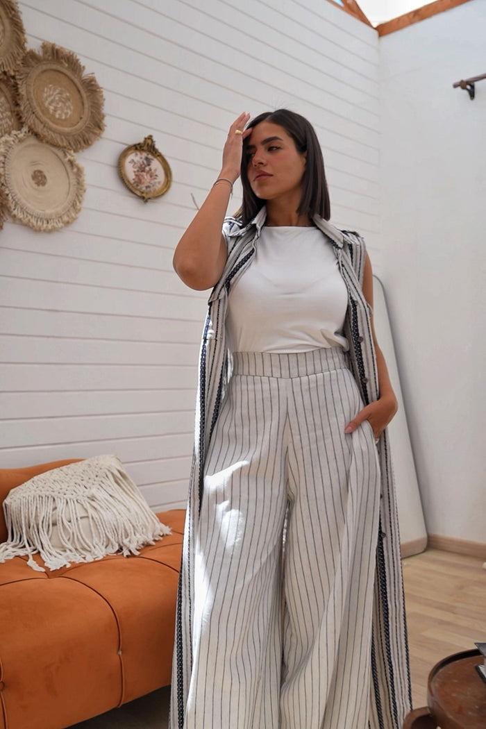 Navy Stripped Linen Set detail view from Debaj women’s clothing set collection