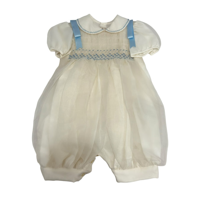 Nico Ivory Boy Handsmocked Romper with light blue handsmocking and rounded collar