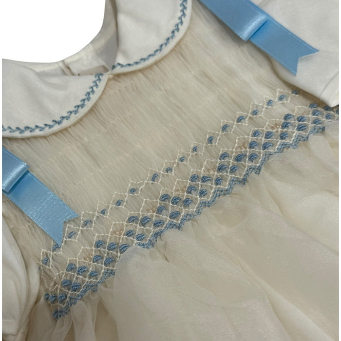 Close-up of light blue smocking and trim on Nico Ivory Romper